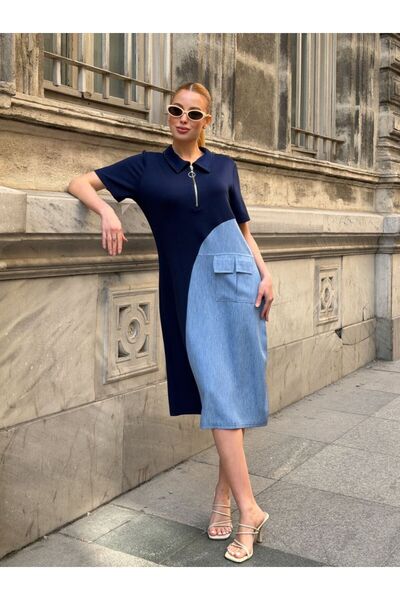 AYASOFYA OTANTIK Γυναικείο μίντι φόρεμα από τένσελ σε σκούρο μπλε χρώμα με λε...