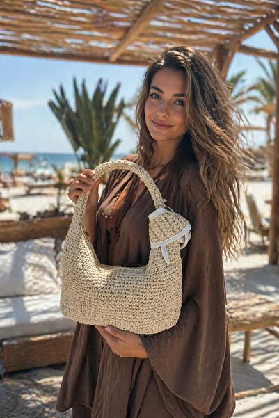 BALIENTE Μπεζ Χειροποίητη Πλεκτή Ψάθινη Γυναικεία Τσάντα – 30x16 εκ.