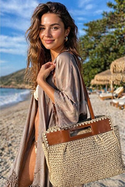 BALIENTE Μπεζ Χειροποίητη Πλεκτή Ψάθινη Γυναικεία Τσάντα με Λουράκι – 40x35 εκ.