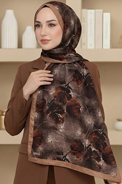 hadiora Women's Brown Floral Patterned Bamboo Crush Shawl