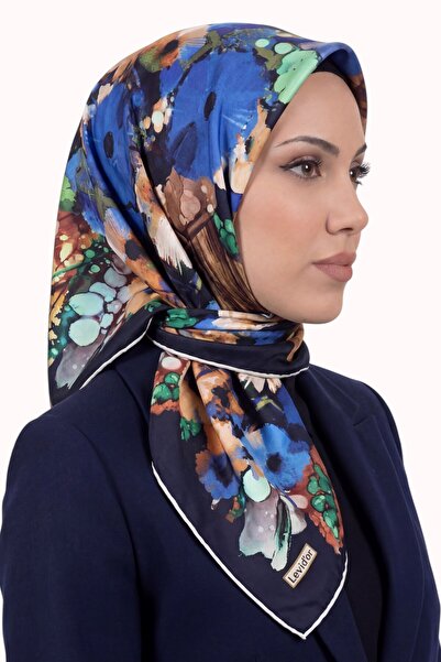 hadiora وشاح كريستالي منقوش باللون الأزرق الداكن للنساء