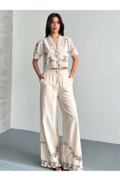 VESS MODA Εθνικό λινό σετ με λεπτομέρειες κεντήματος