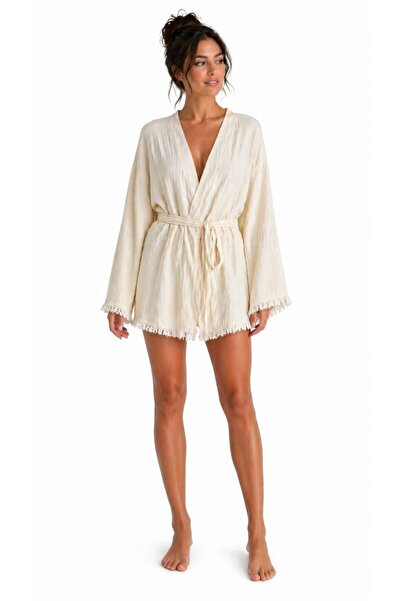 Mulberry Γυναικεία ρόμπα κιμονό από μουσελίνα εκρού – Με ζώνη, λεπτομέρεια με...