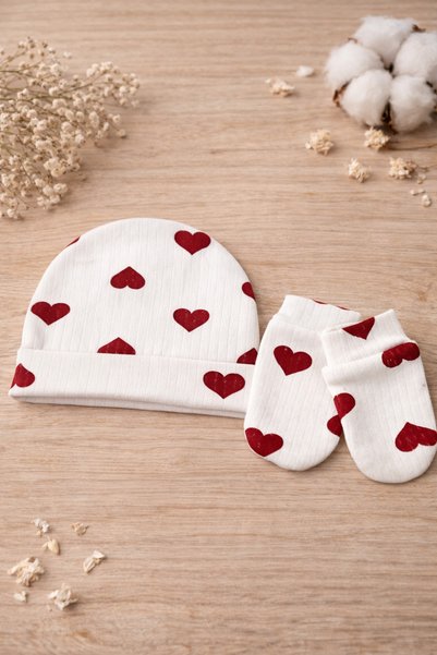 Minimissbaby Heart Patterned Baby Hat and Glove Set Newborn Cotton