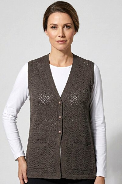 hadiora Women's Brown Openwork V-Neck Knitted Vest with Pockets