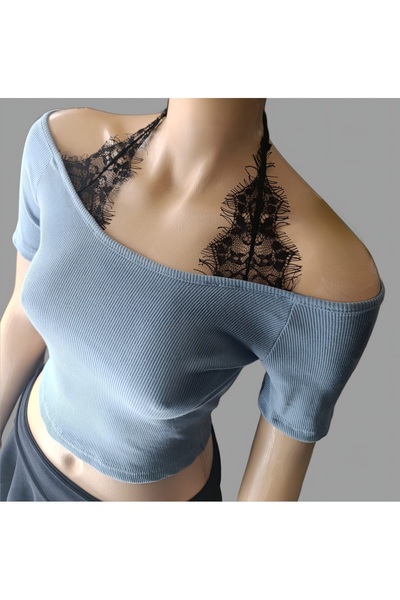 morche Γυναικεία μπλούζα με δαντέλα στο λαιμό, λεπτομέρειες από δαντέλα στο σ...