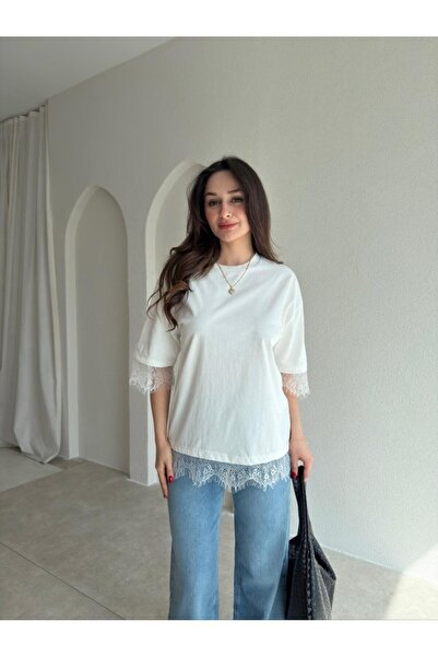 manana fashion Μπλουζάκι Oversize με δαντελένια λεπτομέρεια