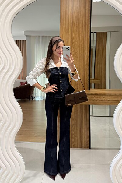 Gizem Ecemiş طقم ميس سيكس من الدنيم الأزرق الداكن بدون حمالات