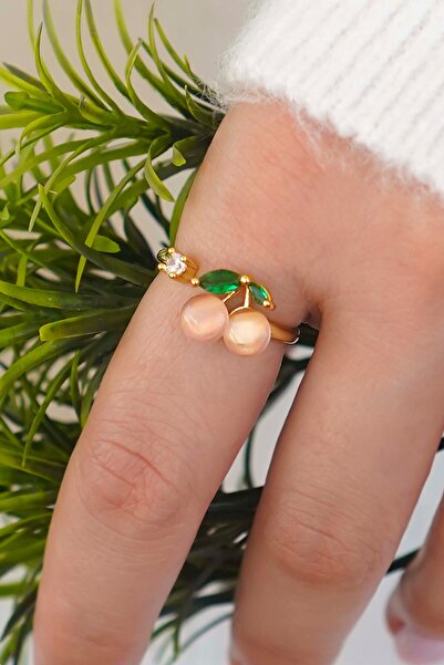 THE Steel Gold Cherry Detailed Adjustable Women's Ring Pearl-Looking Elegant ...