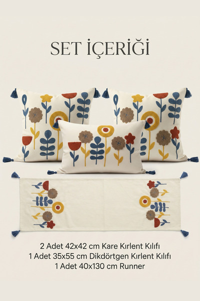 morlina home Dekoratif Punch Nakışlı Çiçek Desenli Kırlent Runner Seti 2 Kare...