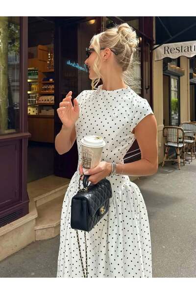 VESS MODA Μακρύ φόρεμα πουά με κορδόνι στη μέση