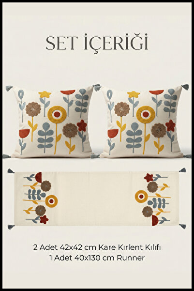 morlina home Boho Dekoratif Punch Nakışlı Çiçek Desenli Kırlent Runner Seti 2...