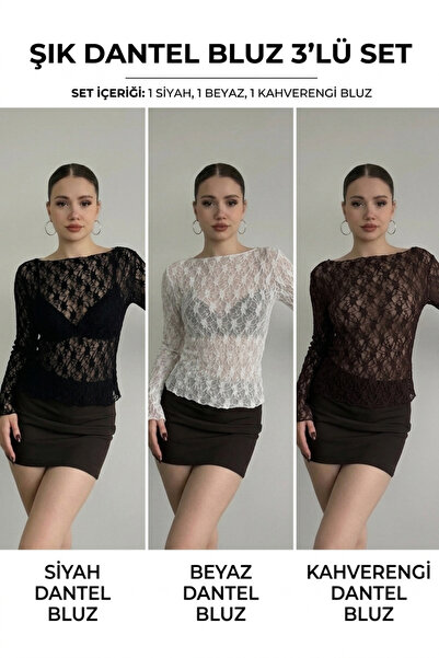 ModaYaren Kadın Kayık Yaka Dantelli Trompet Kol Bluz 3'Lü Set ( HEDİYELİ )