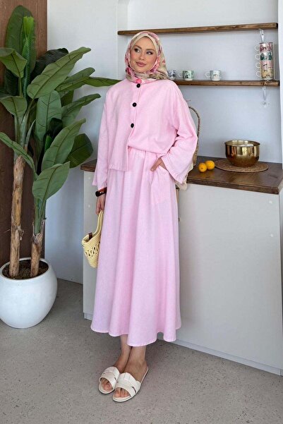 Hazamoda Σετ λινό Dilan με φούστα σε ροζ χρώμα