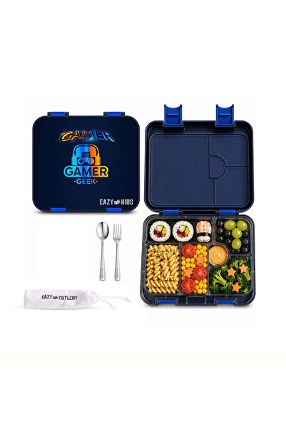 Eazy Kids 6 & 4 Convertible Bento Lunch Box w/Steel Spoon & Fork Set - Gamer ...