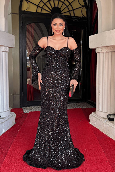 giyimmasalı Βραδινό φόρεμα από ύφασμα με παγιέτες και μπανέλες - ΜΑΥΡΟ