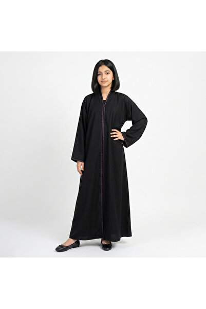 HAWRAA ABAYA Black Girls' Wrap Abaya with Soft Purple Embroidery on the Edges