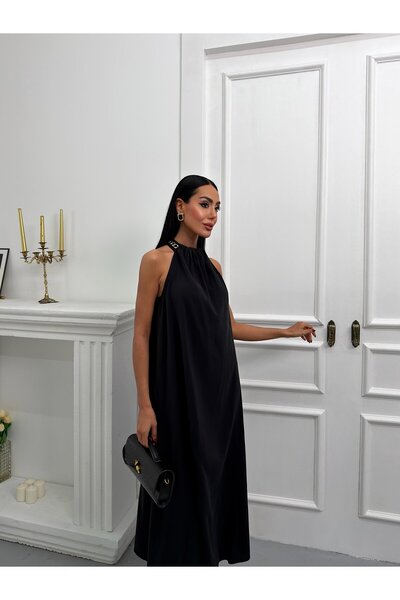 VESS MODA Φόρεμα Modal με λαιμόκοψη Halter και λεπτομέρεια αλυσίδας