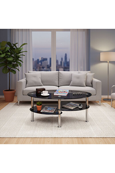 EqiEch Modern Two-Tier Center Table,Modern Design Coffee Table,Oval Glass Tab...