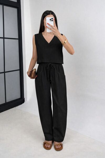 Get Crazy Γυναικείο λινό σετ με μπλούζα με λαιμόκοψη V και μανίκια μηδέν και ...