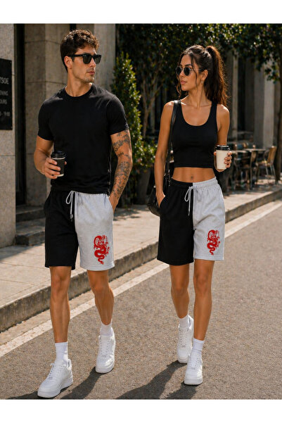 ciwi&life Erkek & Kadın Unisex Siyah Gri 2'Li Kontrast Şort Kırmızı Ejderha B...