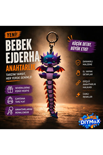 DIYMaX Gökkuşağı Ejderhası: Hareketli Bebek Ejderha Anahtarlık - Eğlenceli El...