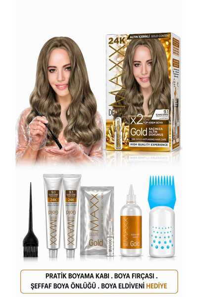 MAXX DELUXE Golden Beauty Set Saç Boyası 9.1 Elmas Sarısı 2Li + Fırça+Pratik ...