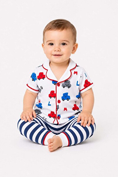 dinamik çocuk Erkek Bebek/Çocuk Araba Desenli Kısa Kollu Pijama Takımı Yazlık...