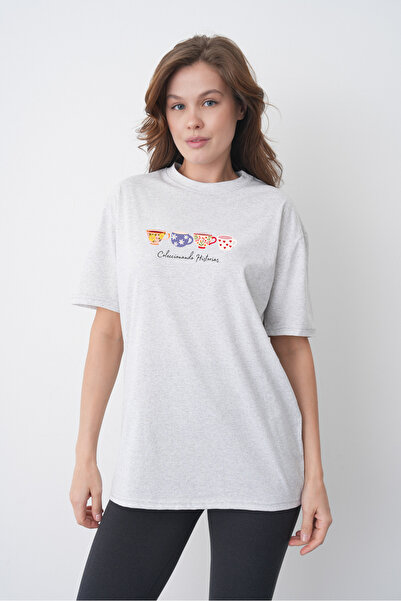 TREND EMMODA Tricou gri cu decolteu rotund, imprimat cu cană colorată, pentru...
