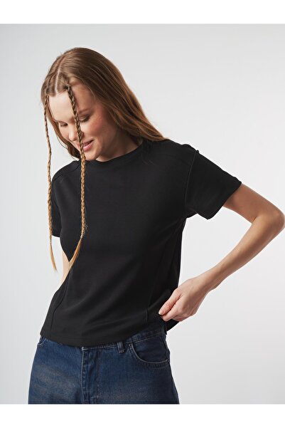 citycenterfashion Crew Neck Basic Short Sleeve Interlock Fabric Blouse with P...