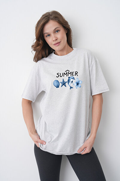 TREND EMMODA Tricou gri pentru femei, în stil mediteranean, cu imprimeu cu st...