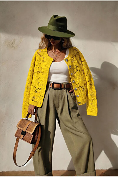 FEMELLE Κίτρινο λεμονί πλεκτό μπουφάν ζακέτα με βελονάκι, κανονικό μέγεθος