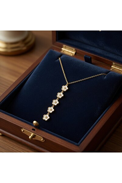 CALIMA 304 Stainless Steel Gold Plated White Flower Motif Long Drop Necklace ...