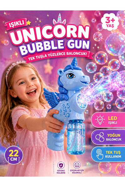 YILDIRIM OYUNCAK Pilli Işıklı Unicorn Bubble Gun 22cm Baloncuk Tabancası – Te...