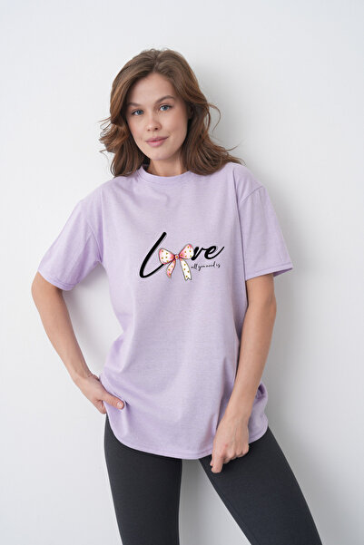 TREND EMMODA Tricou de damă, liliac, cu decolteu rotund, cu imprimeu cu fundă...