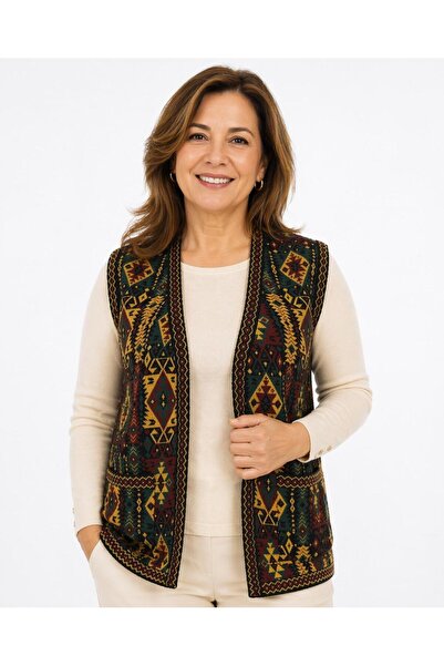 Nacar Yeni Sezon Anneler Günü Kilim Desenli Renkli Cepli Anne Yelek