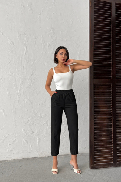 Lusin Γυναικείο μαύρο παντελόνι με ελαστική μέση, κομμένο σε σχήμα καρότου, μ...