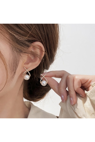 ATALYA ACCESSORY Pearl Detailed Zircon Stone Women's Steel Earrings