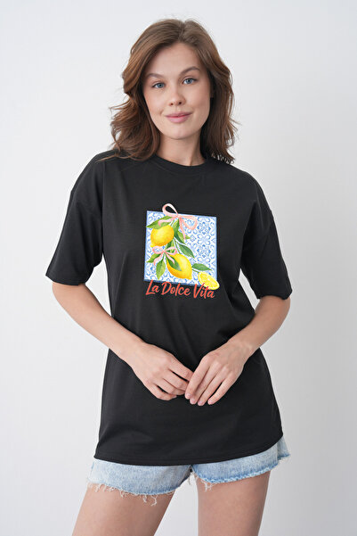 TREND EMMODA Tricou negru pentru femei, în stil de vară, La Dolce Vita, cu im...