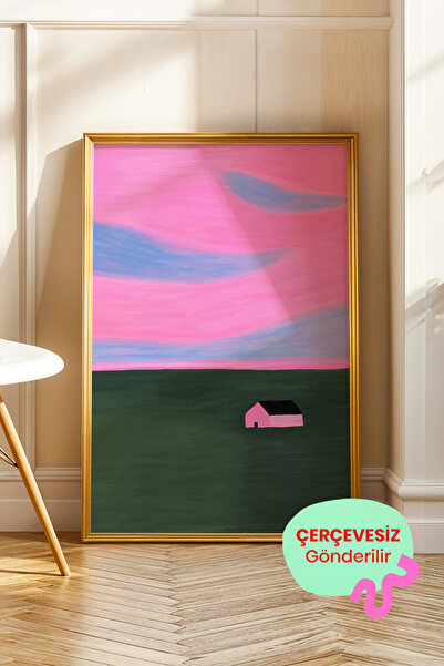 ArtDropsco Minimal Ev Manzara Tablo Poster Pembe Gökyüzü Modern Sanat Duvar D...