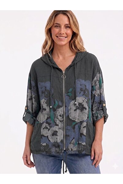 AYASOFYA OTANTIK Γυναικείο ιταλικό σκούρο γκρι έθνικ λουλουδάτο μπουφάν με κο...