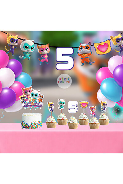 Parti Evreni Super Kitties Temalı Doğum Günü Seti | Yaş Seçenekli Afiş, Pasta...