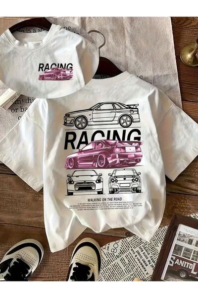 LELVANİ Unisex Racing White Car Printed Tshirt