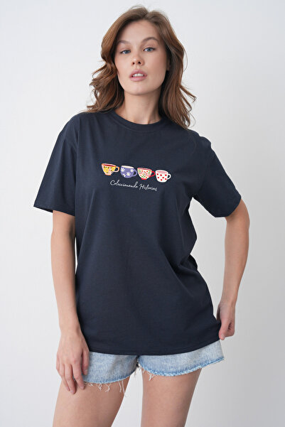 TREND EMMODA Tricou colorat cu imprimeu cu cană, cu gât rotund, albastru mari...