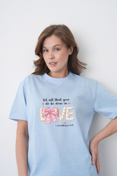 TREND EMMODA Tricou albastru pentru femei, cu fundă roz, perle albe, estetic,...