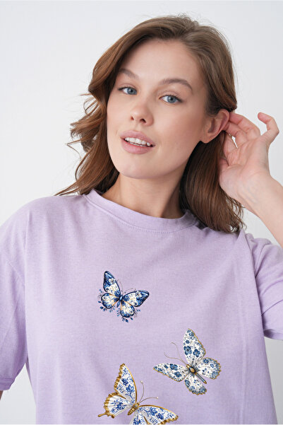 TREND EMMODA Tricou de damă, liliac, cu decolteu rotund, cu imprimeu tip țigl...