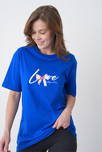 TREND EMMODA Tricou de damă, cu decolteu rotund, cu imprimeu cu inimă și text...