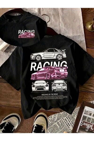 LELVANİ Unisex Racing White Car Printed Tshirt