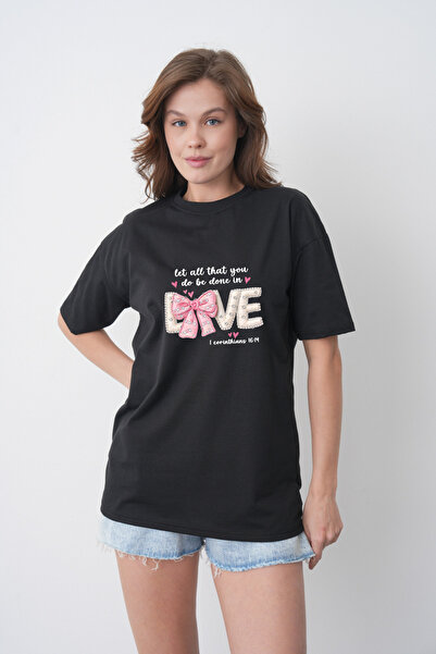 TREND EMMODA Tricou negru pentru femei, cu fundă roz, perle albe, estetic, cu...