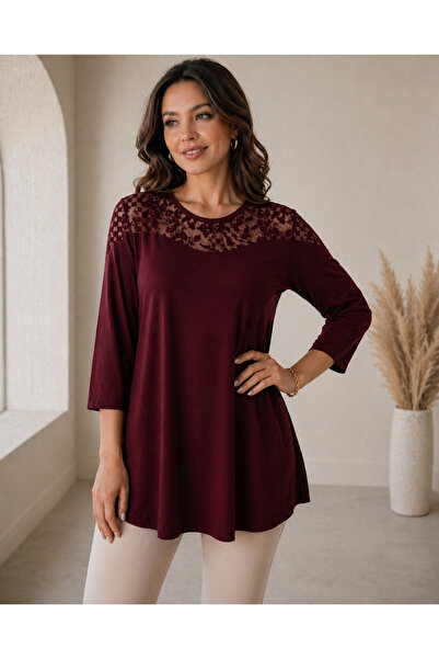 IŞILTI Γυναικεία μπλούζα με τρία τέταρτα μανίκια, λαιμόκοψη ποδηλάτου, διαφαν...